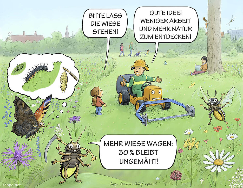 Cartoon zu nachhaltigem Grünflächenmanagement